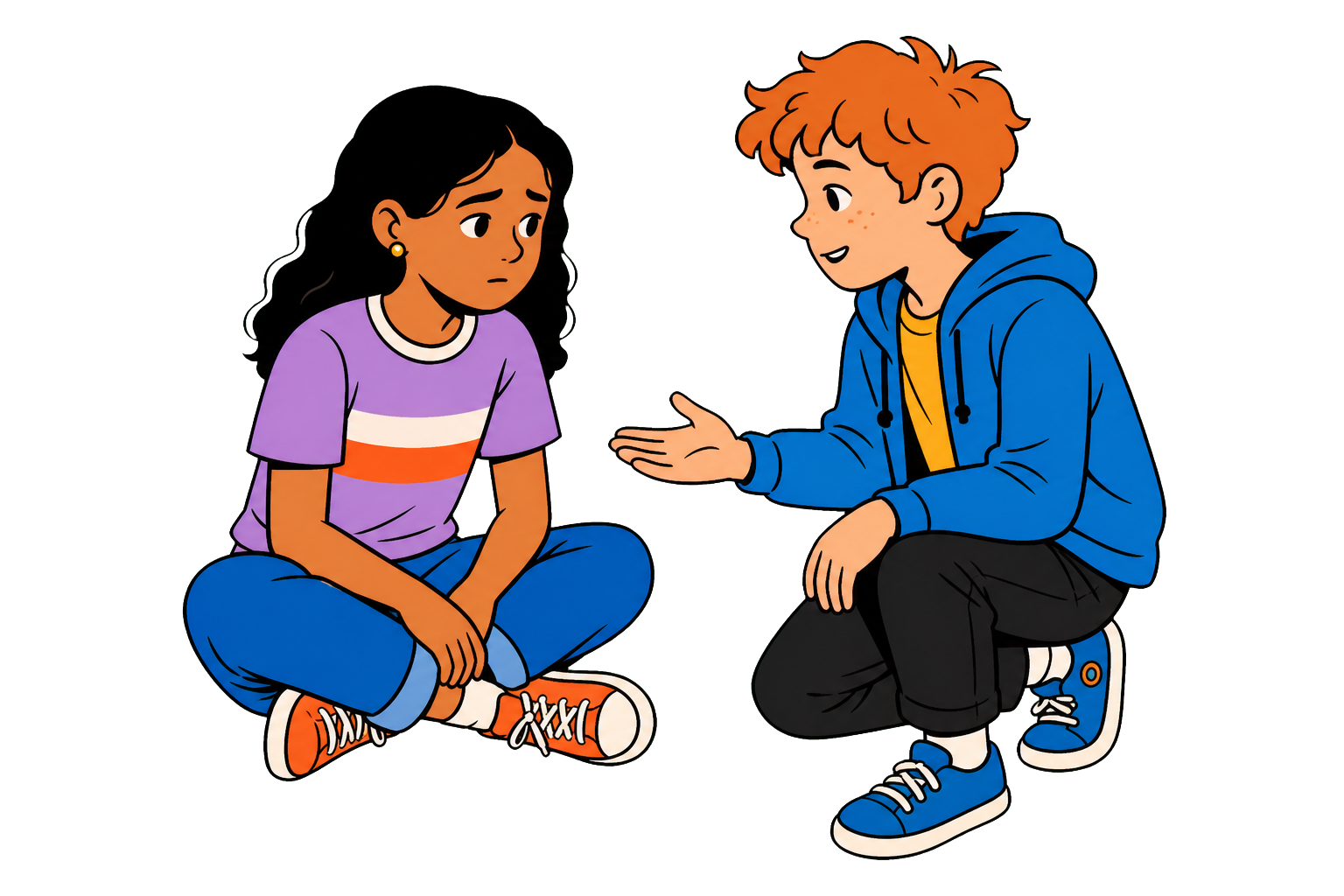 Two students having a calm and supportive conversation
