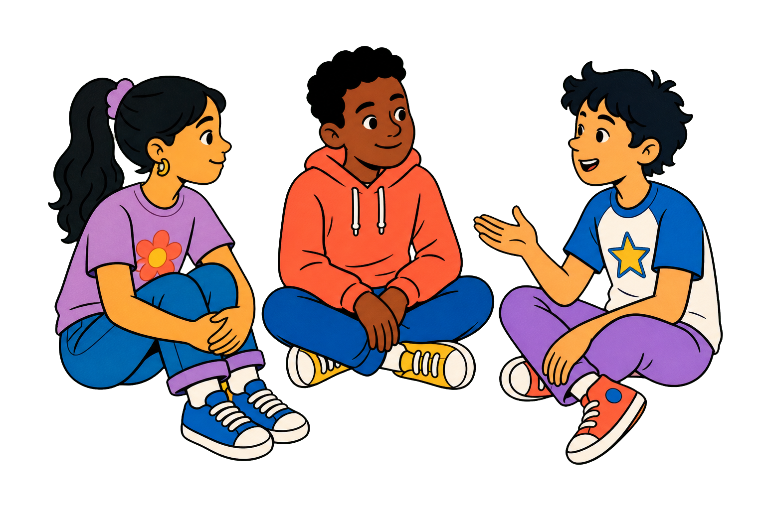 Three students listening and talking together