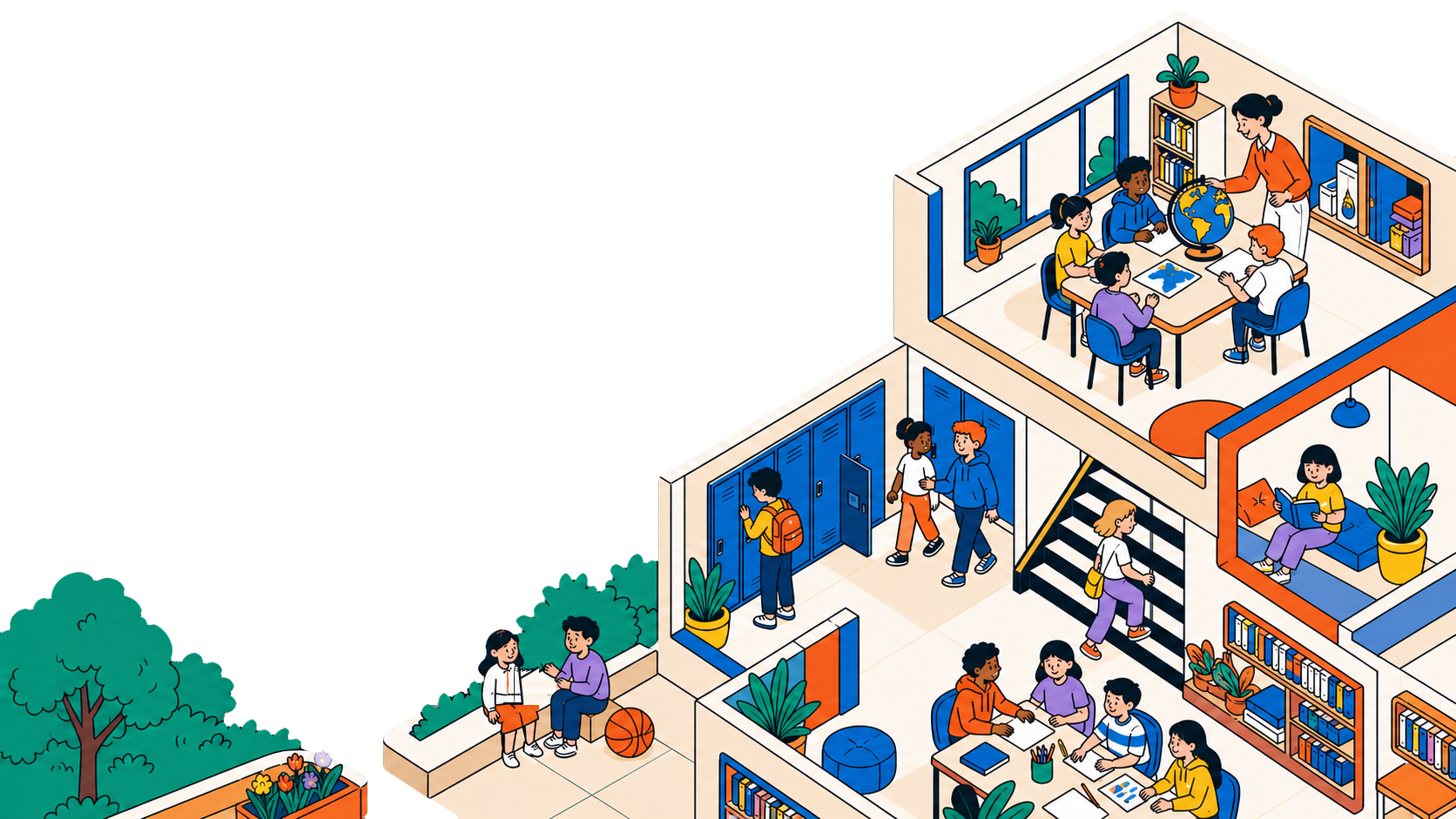 Illustrated cutaway school with students learning, reading, and supporting one another